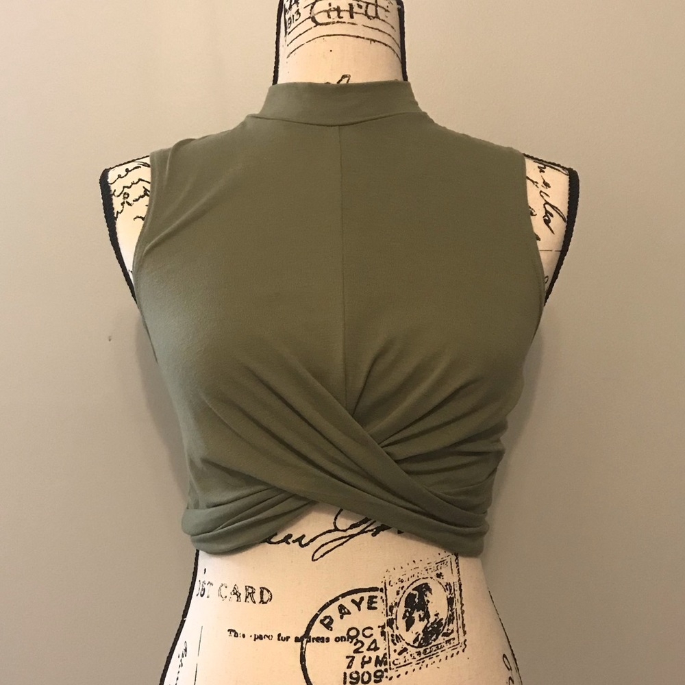 re:named Liza Mock Neck Green Twist Crop Top